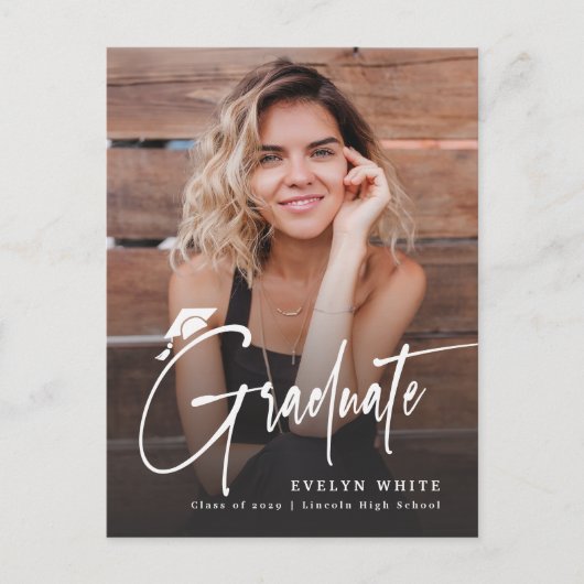 Modern Grad Cap Script Simple Photo Graduation Postkarte (Vorderseite)