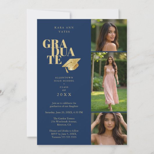 Modern Graduate Collage 3-Photos Navy Blue & Gold Einladung (Vorderseite)