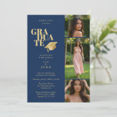 Modern Graduate Collage 3-Photos Navy Blue & Gold Einladung (Stehend Vorderseite)