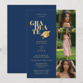 Modern Graduate Collage 3-Photos Navy Blue & Gold Einladung (Vorne/Hinten)