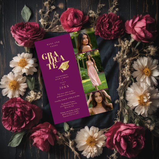 Modern Graduate Collage 3-Photos Plum & Gold Einladung