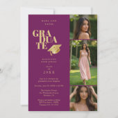 Modern Graduate Collage 3-Photos Plum & Gold Einladung (Vorderseite)