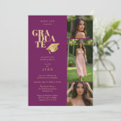 Modern Graduate Collage 3-Photos Plum & Gold Einladung (Stehend Vorderseite)