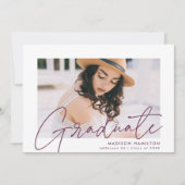 Modern Graduate Purple Script Foto Graduation Ankündigung (Vorderseite)