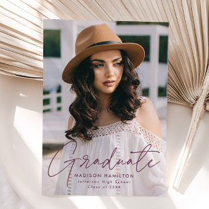 Modern Graduate Purple Script Foto Graduation Ankündigung