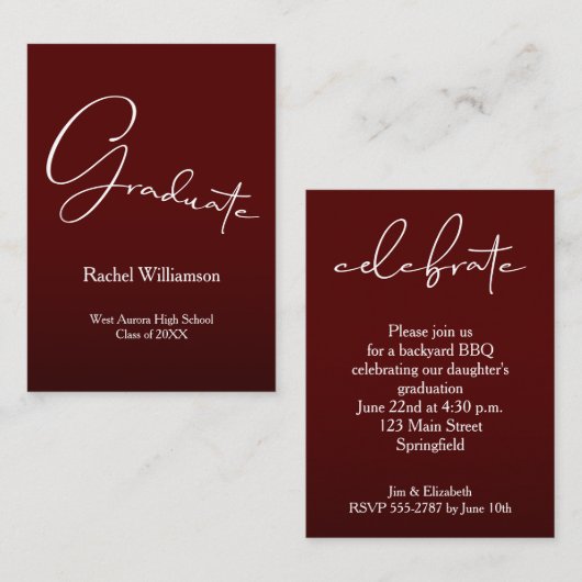 Modern Graduate Script Dark Maroon Party Begleitkarte (Vorne/Hinten)