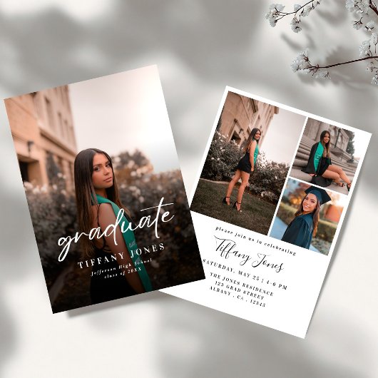 Modern Graduate White Script 4 Photos Graduation   Einladung