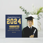 Modern Graduation Party with 1 Photo in Blue Einladung (Stehend Vorderseite)