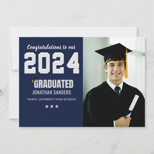 Modern Graduation Party with 1 Photo in Blue Einladung (Vorderseite)