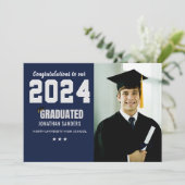 Modern Graduation Party with 1 Photo in Blue Einladung (Stehend Vorderseite)