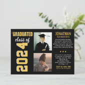 Modern Graduation Party with 2 Photos in Black Einladung (Stehend Vorderseite)