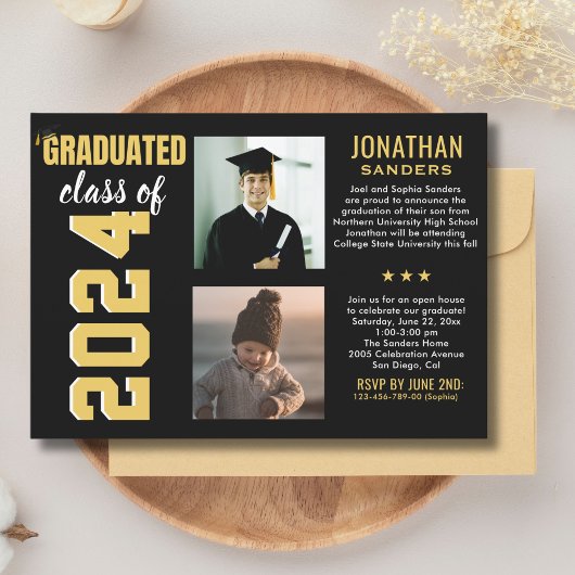 Modern Graduation Party with 2 Photos in Black Einladung