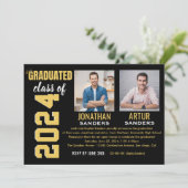 Modern Graduation Party with 2 Photos in Black Einladung (Stehend Vorderseite)