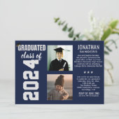 Modern Graduation Party with 2 Photos in Blue Einladung (Stehend Vorderseite)