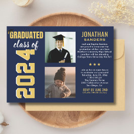 Modern Graduation Party with 2 Photos in Blue Einladung