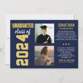 Modern Graduation Party with 2 Photos in Blue Einladung (Vorderseite)