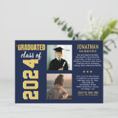 Modern Graduation Party with 2 Photos in Blue Einladung (Stehend Vorderseite)