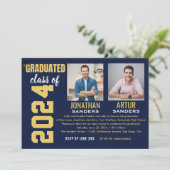 Modern Graduation Party with 2 Photos in Blue Einladung (Stehend Vorderseite)