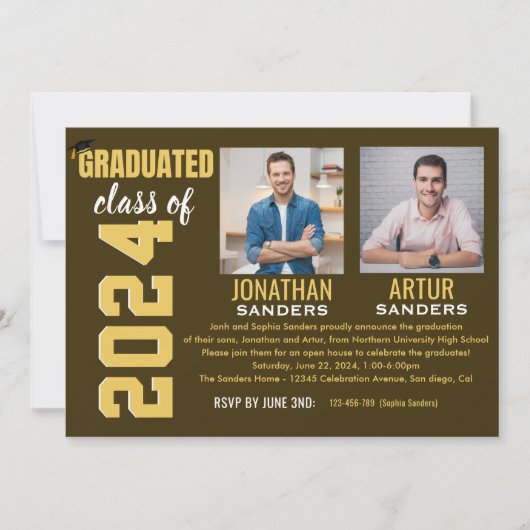 Modern Graduation Party with 2 Photos in Brown Einladung (Vorderseite)
