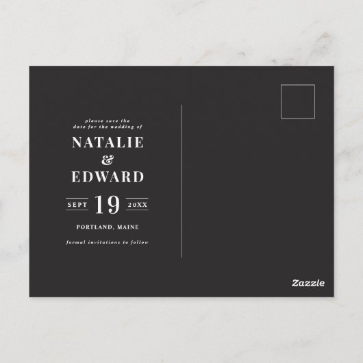 Modern, grafisch, typografisch Save the Date Postkarte (Rückseite)