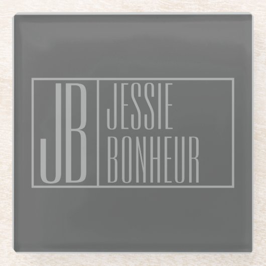 Modern, grau auf dunkelgrau, Initials & Name Logo Glasuntersetzer (Vorderseite)