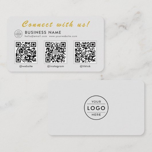 Modern Grau Gold 3 QR Code Multi Social Visitenkarte (Vorne/Hinten)