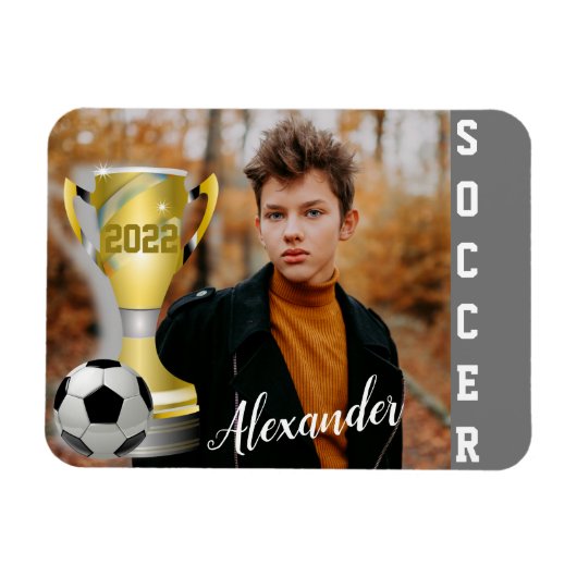 Modern Grau Soccer Sports Foto & Name Magnet (Horizontal)