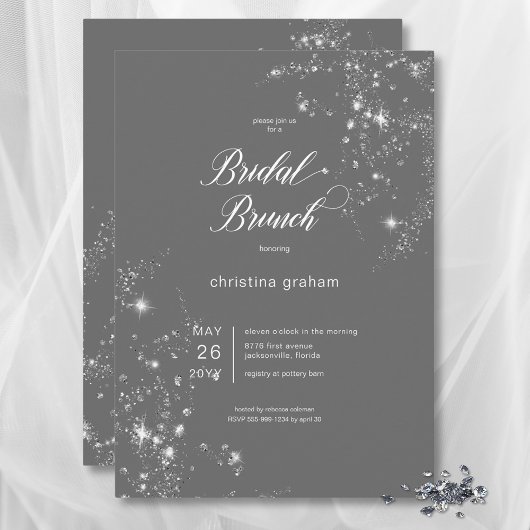 Modern Grau & Weiß Glam Diamonds Bridal Brunch Einladung