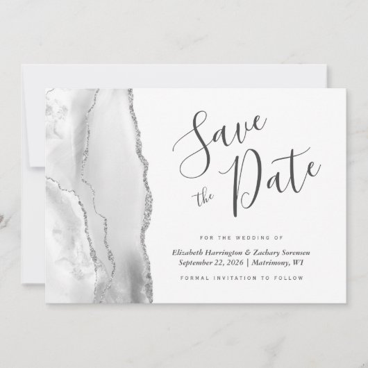 Modern Grau White Silver Agate Save the Date Karte (Vorderseite)