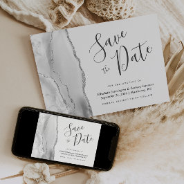 Modern Grau White Silver Agate Save the Date Karte