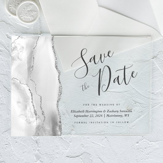 Modern Grau White Silver Agate Save the Date Karte Acryleinladungen