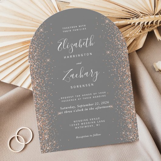 Modern Gray Peach Glitter Arch Wedding Einladung