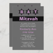 Modern Gray & Pink Bat Mitzvah Stars Hebräischer N Einladung (Vorne/Hinten)