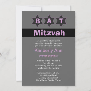 Modern Gray & Pink Bat Mitzvah Stars Hebräischer N Einladung