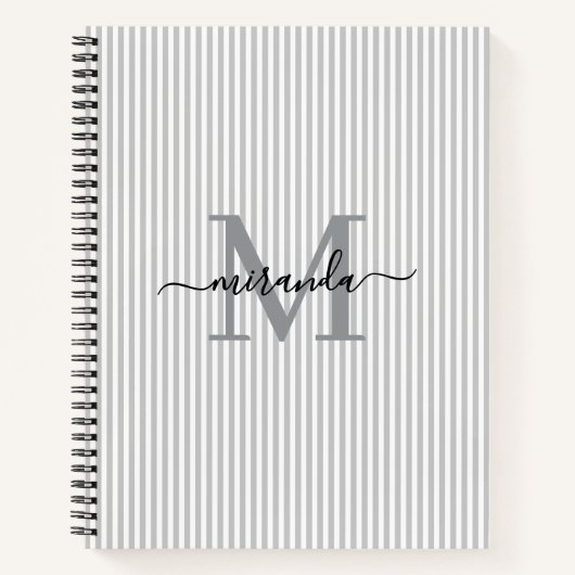 Modern Gray & White Stripes Monogram Name Notizblock (Vorderseite)