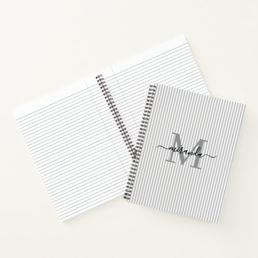 Modern Gray & White Stripes Monogram Name Notizblock (Innenseite)