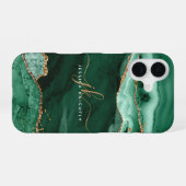 Modern Green Agate Gold Glitzer Script Monogram iPhone 16 Hülle (Rückseite (Horizontal))