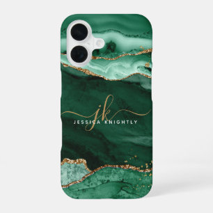 Modern Green Agate Gold Glitzer Script Monogram iPhone 16 Hülle