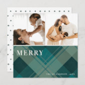 Modern Green Blue Kariert 2 Foto Frohe Weihnachten (Vorne/Hinten)