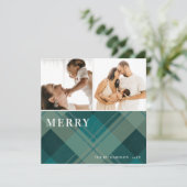 Modern Green Blue Kariert 2 Foto Frohe Weihnachten (Stehend Vorderseite)