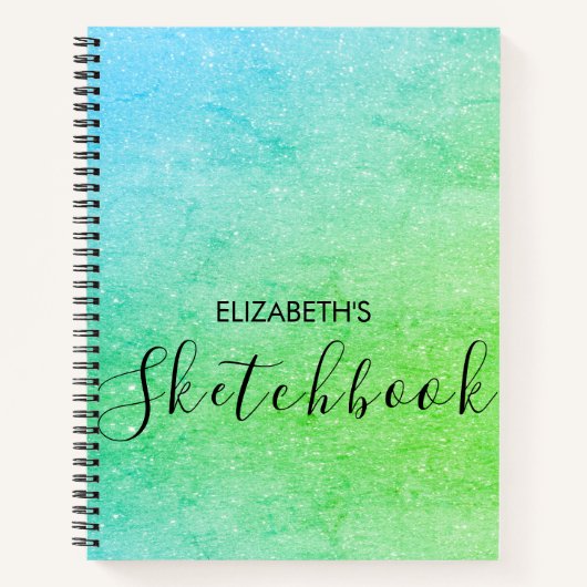 Modern Green Blue Ombre Glitzern Name Sketchbook Notizblock (Vorderseite)