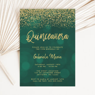 Modern Green Bokeh Gold Glitzer Quinceanera Einladung
