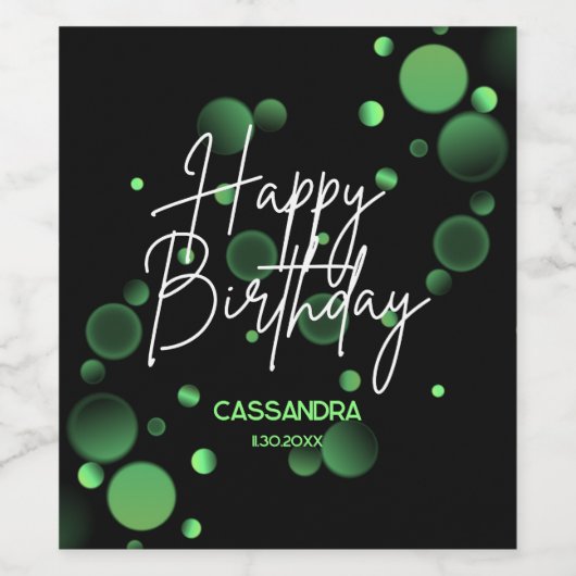Modern Green Bokeh Gradient Black Happy Birthday Weinetikett (Einzelnes Label)