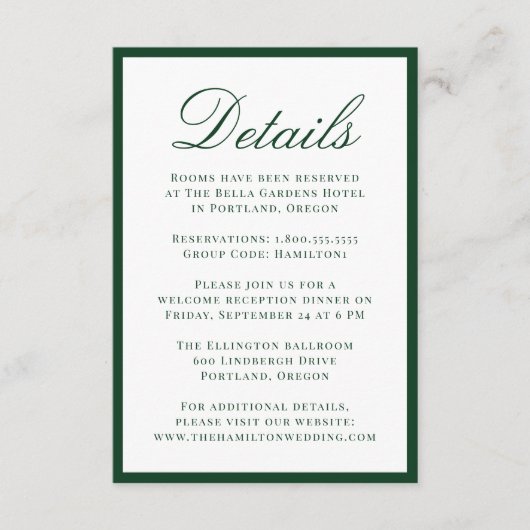Modern Green Border Wedding Details Begleitkarte (Vorderseite)