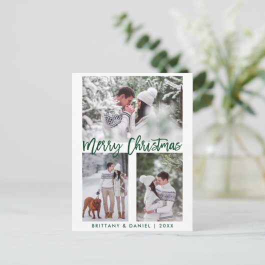 Modern Green Brush Script Frohe Weihnachten Foto Postkarte (Stehend Vorderseite)