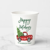 Modern Green Brush Script Holiday Red Truck Pappbecher (Vorderseite)