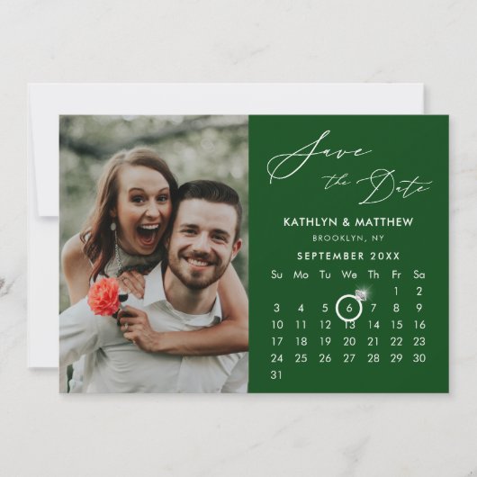 Modern Green Elegant Script Custom Calendar Foto Save The Date (Vorderseite)