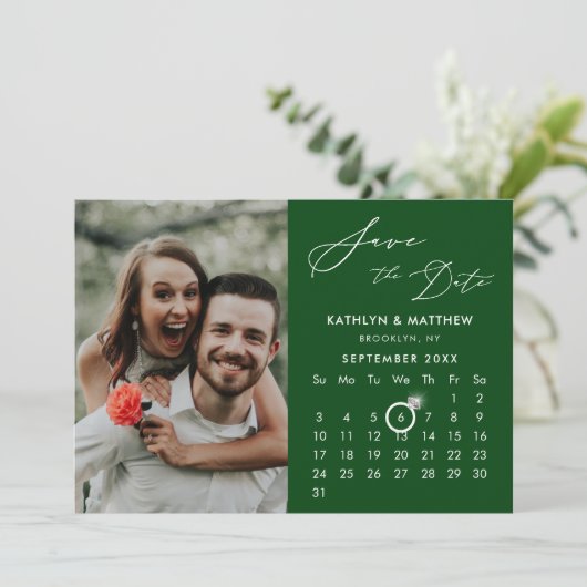 Modern Green Elegant Script Custom Calendar Foto Save The Date (Stehend Vorderseite)