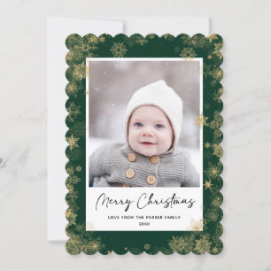 Modern Green Elegante Script Snowflakes Bokeh Feiertagskarte