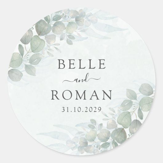 Modern Green Eucalyptus Watercolor Wedding Runder Aufkleber (Vorderseite)